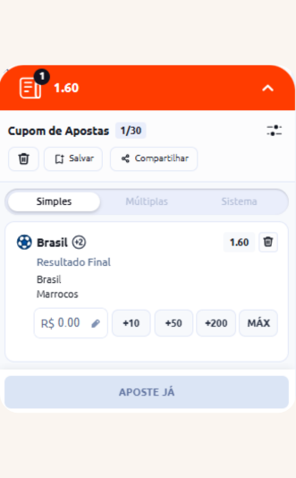 Cupom de aposta na Betano com seleção para Brasil ganhar do Marrocos, com odds 1.60.