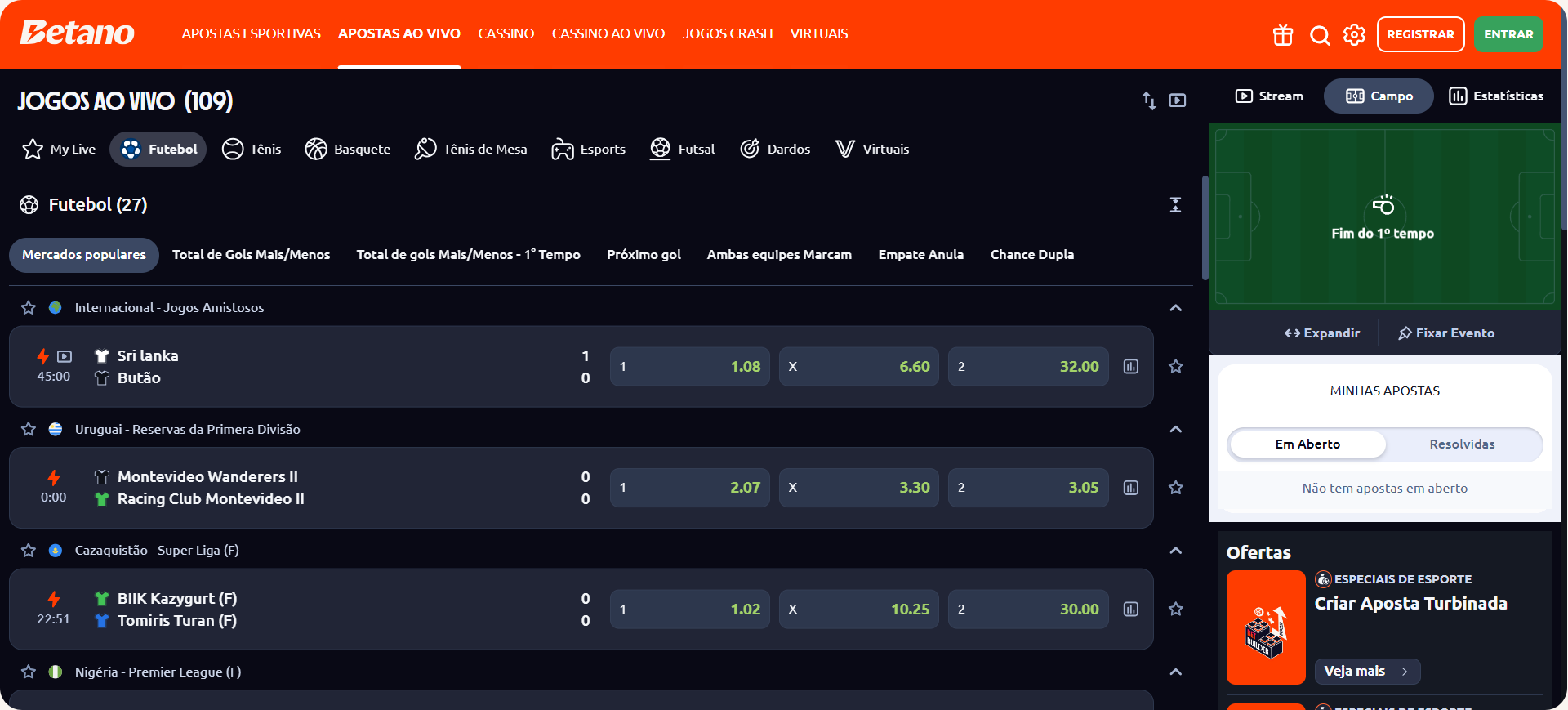 APostas ao vivo na Betano com jogos em andamento e opção de setraming.