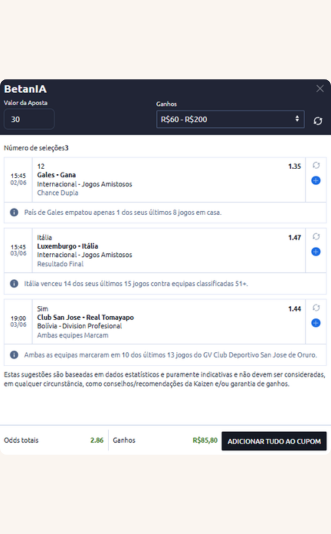 BetanIA da Betano com sugestão para aposta de R$ 30 e ganhos potenciais entre R$ 60 e R$ 200.