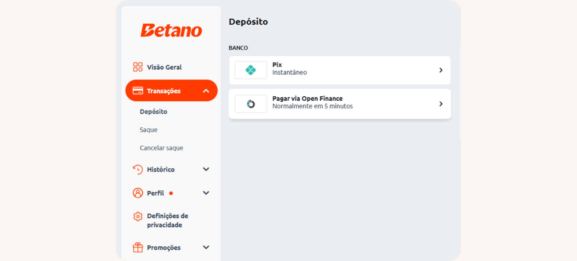 OPções de depósito na Betano com Pix e Open Finance.