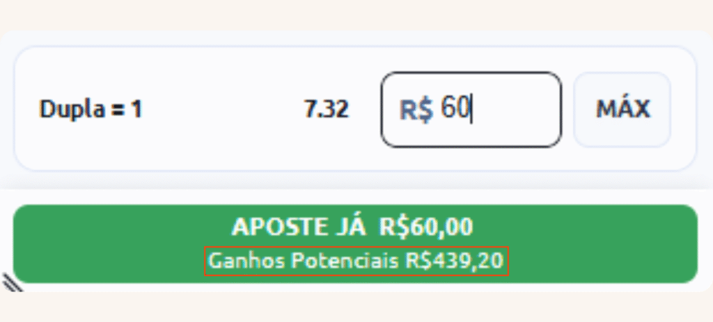 Ganhos potenciais de R$ 439,20 para aposta de R$ 60 e odds totais de 7.32.
