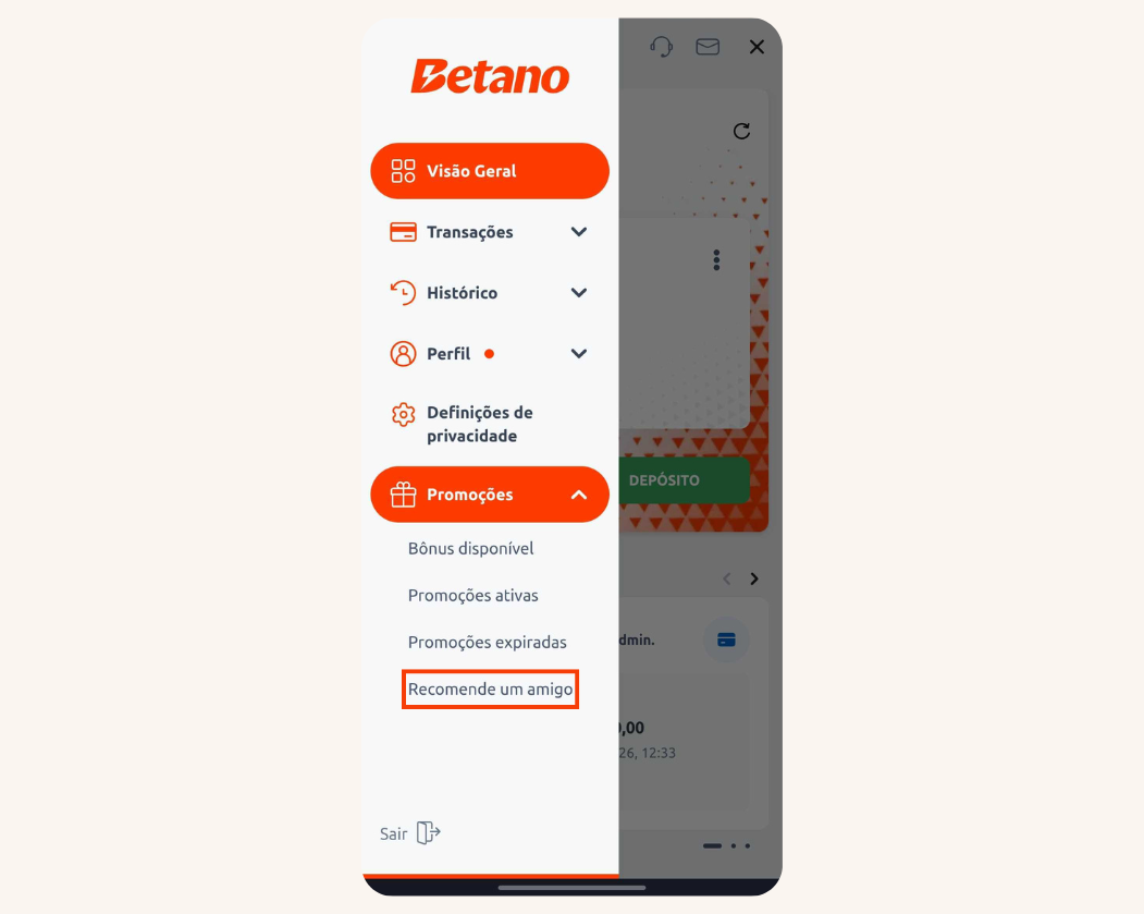 Menu da seção Minha Conta da Betano com a promoção Recomende um Amigo