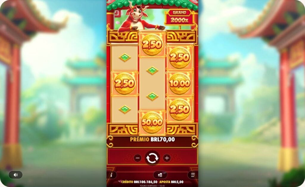 Recurso bônus Hold & Spin no Touro Sortudo com moedas douradas travadas na grade somando multiplicadores.
