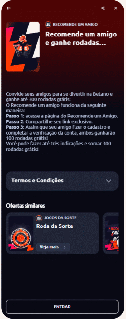 Tela do aplicativo Betano com as regras da promoção Recomende um Amigo para ganhar rodadas grátis.