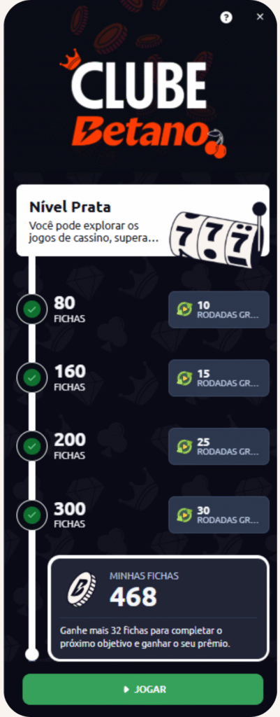 Interface do Clube Betano no celular mostrando o avanço no Nível Prata para ganhar rodadas grátis.