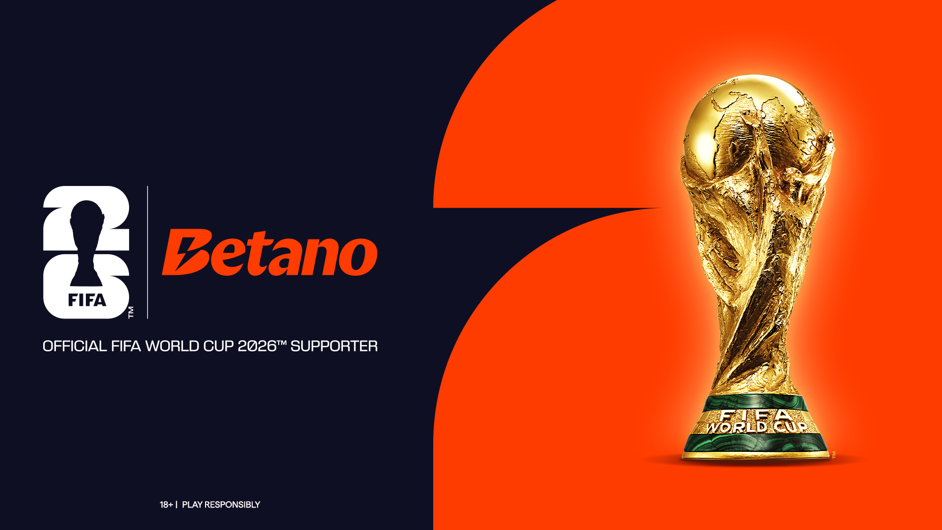 Banner oficial do anúncio da Betano como Apoiadora Oficial da Copa do Mundo FIFA 2026™. À esquerda, os logotipos da FIFA 2026 e da Betano sobre fundo escuro, com o texto "Official Supporter" em inglês. À direita, destaque para a taça dourada da Copa do Mundo sobre um fundo laranja.