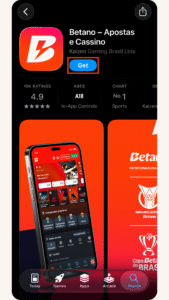 Página oficial do Betano app na App Store com destaque no botão azul Obter para concluir o processo e baixar Betano no iOS.