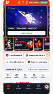 Tela inicial do Betano app no iPhone após a instalação, destacando os botões de Registrar e Entrar no topo direito.
