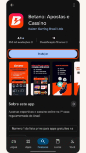 Página oficial do Betano app na Google Play Store com destaque no botão Instalar para concluir o download no seu celular.