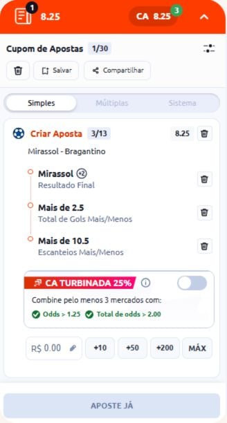 Bilhete com 3 seleções com o Criar Aposta Betano, odds 8.25 e opção de CA Turbinada de 25%.