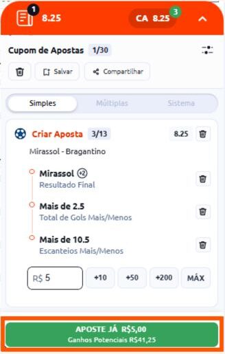 Bilhete com palpite feito com o Criar Aposta Betano e 3 seleções com odds 8.25.