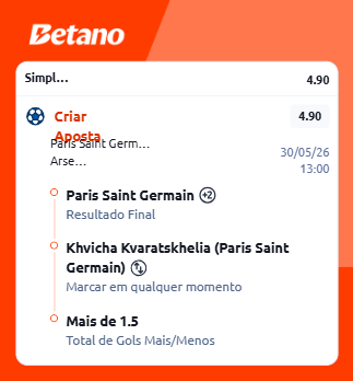 Exemplo de como apostar na final da Champions League na Betano: bilhete com vitória do PSG e gol de Kvaratskhelia.