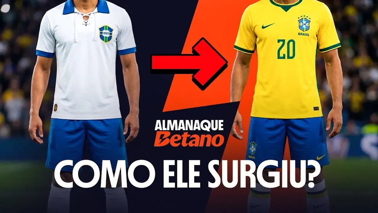 Thumbnail de vídeo do Almanaque Betano mostrando a evolução do uniforme da Seleção Brasileira, exibindo os jogadores do pescoço para baixo. À esquerda, um uniforme antigo com camisa branca de gola azul, cordões no peito e short azul. Uma grande seta vermelha aponta para a direita, onde aparece o uniforme clássico moderno: camisa amarela da Nike com o número 20 e short azul. Na parte inferior, o texto em branco: "COMO ELE SURGIU?".