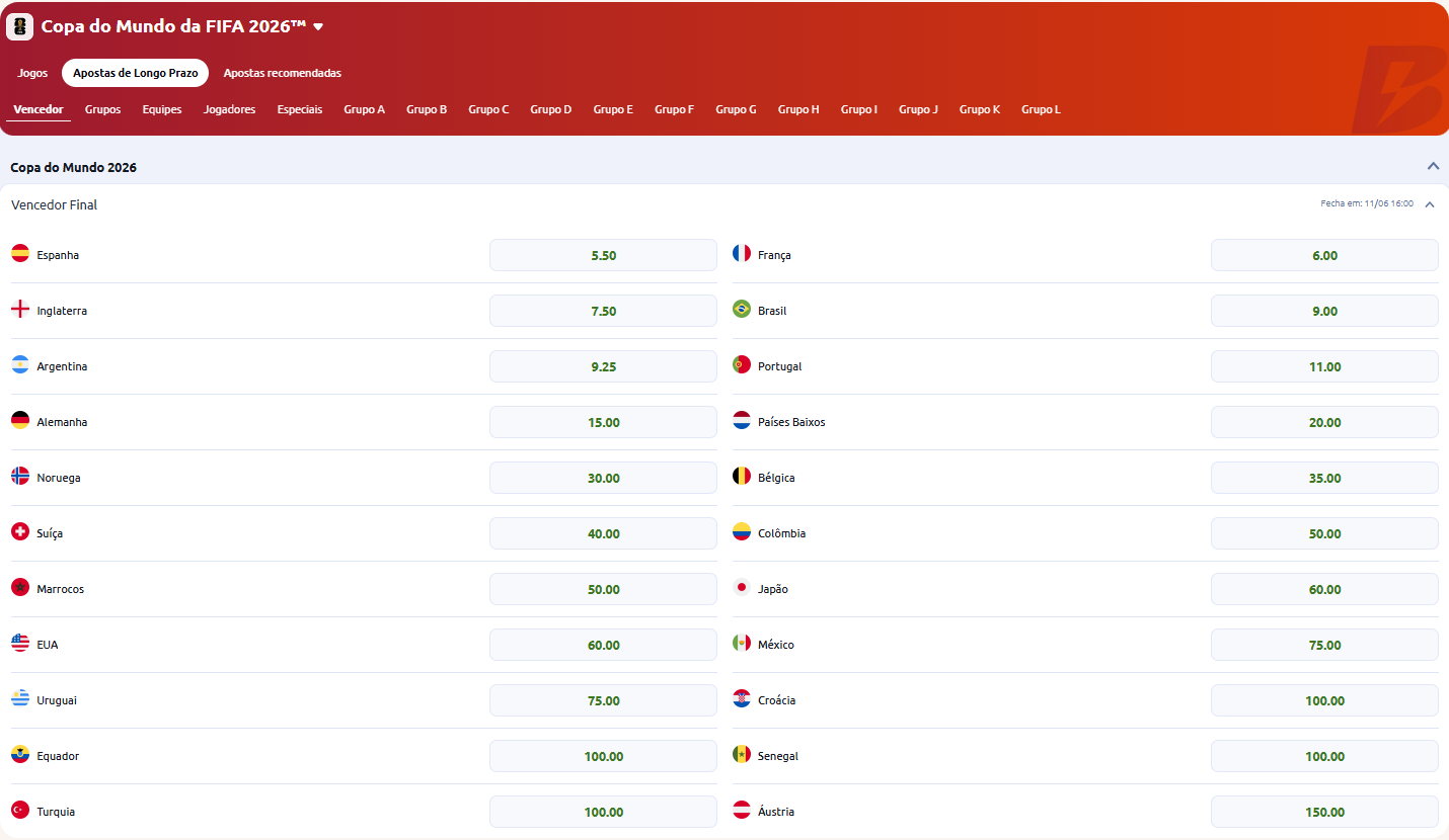 Plataforma Betano exibindo o mercado de apostas de longo prazo para o vencedor final da Copa do Mundo 2026.