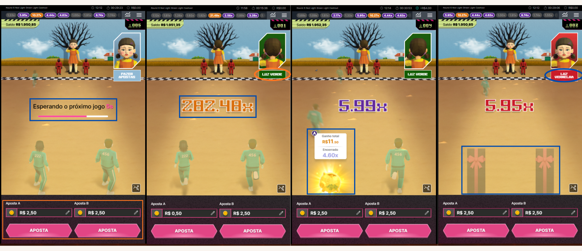 Telas do crash gane Round 6 da Betano com etapas de uma jogada e multiplicadores.