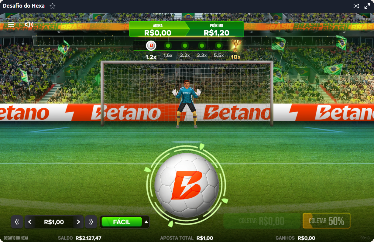 Tela inicial mostrando como jogar Desafio do Hexa na Betano, com o campo, goleiro e botão de aposta.