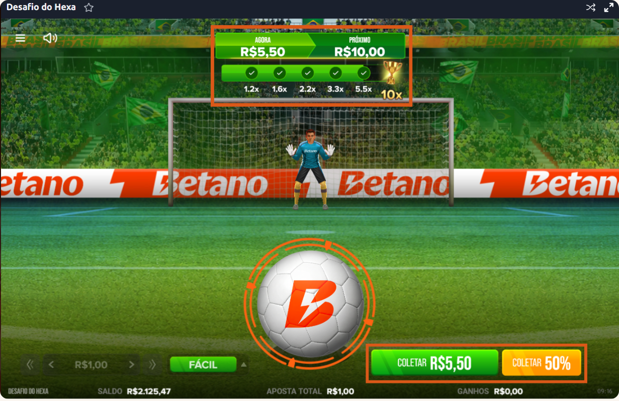 Partida do jogo de aposta Desafio do Hexa exibindo os botões verdes de Coletar prêmio total e Coletar 50%.