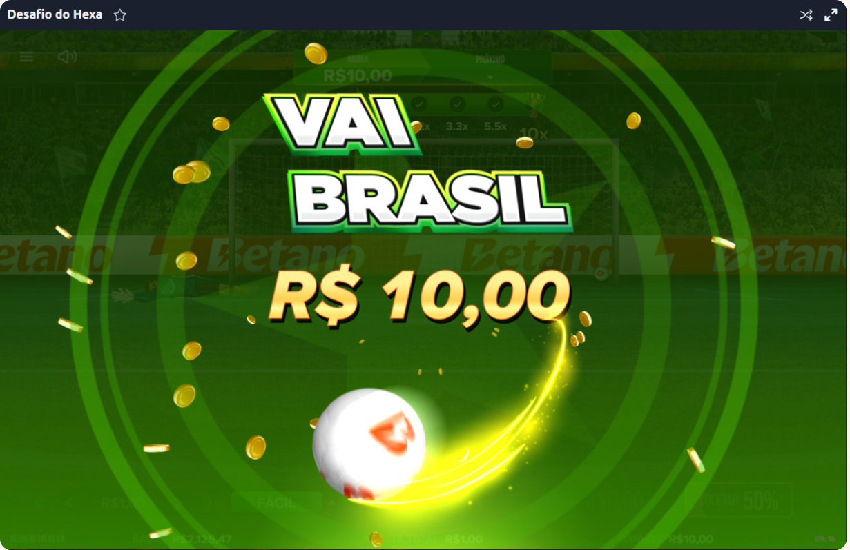 Tela de vitória máxima no modo fácil do Desafio do Hexa, exibindo a bola de fogo e o prêmio de 10 reais.