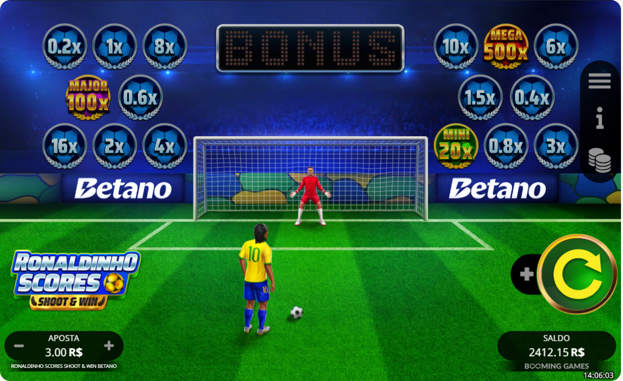 Interface do jogo Ronaldinho Scores Shoot & Win na Betano exibindo um jogador com a camisa 10 do Brasil de costas pronto para cobrar um pênalti contra o goleiro, cercado por multiplicadores e opções de jackpots no topo.
