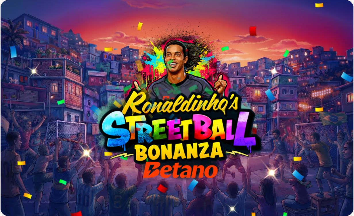 Tela de abertura do slot Ronaldinho's Streetball Bonanza Betano mostrando a ilustração estilizada do jogador Ronaldinho Gaúcho sorrindo em meio a uma comunidade brasileira colorida e vibrante durante o pôr do sol.