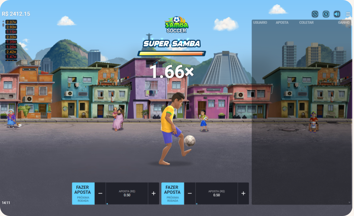 Tela do crash game Samba Soccer na Betano exibindo um personagem fazendo embaixadinhas na rua com uma comunidade ao fundo, destacando o multiplicador atual de 1.66x sob a barra do recurso Super Samba.