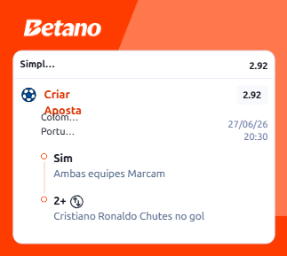 Cupom Criar Aposta na Betano para Colômbia x Portugal com ambas marcam e chutes no gol de Cristiano Ronaldo.