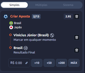 Cupom de aposta em Brasil x Japão com resultado final para os brasileiros e Vini Jr para marcar