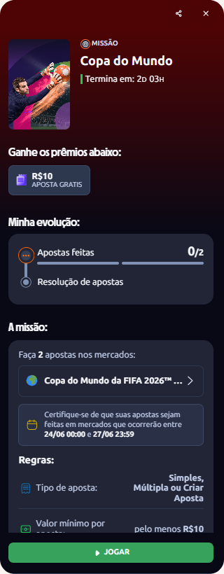 Missões Betano exibindo a barra de progresso de um desafio ativo do usuário.