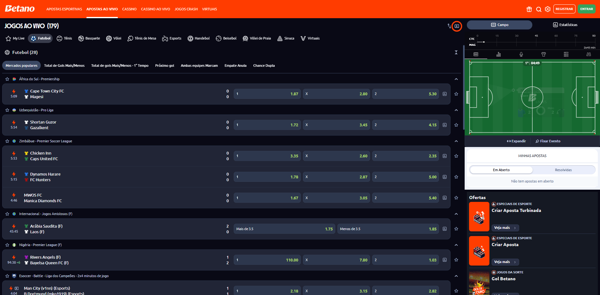 Tela de apostas com destaque no ícone de stream para assistir à Copa do Mundo ao vivo na Betano.