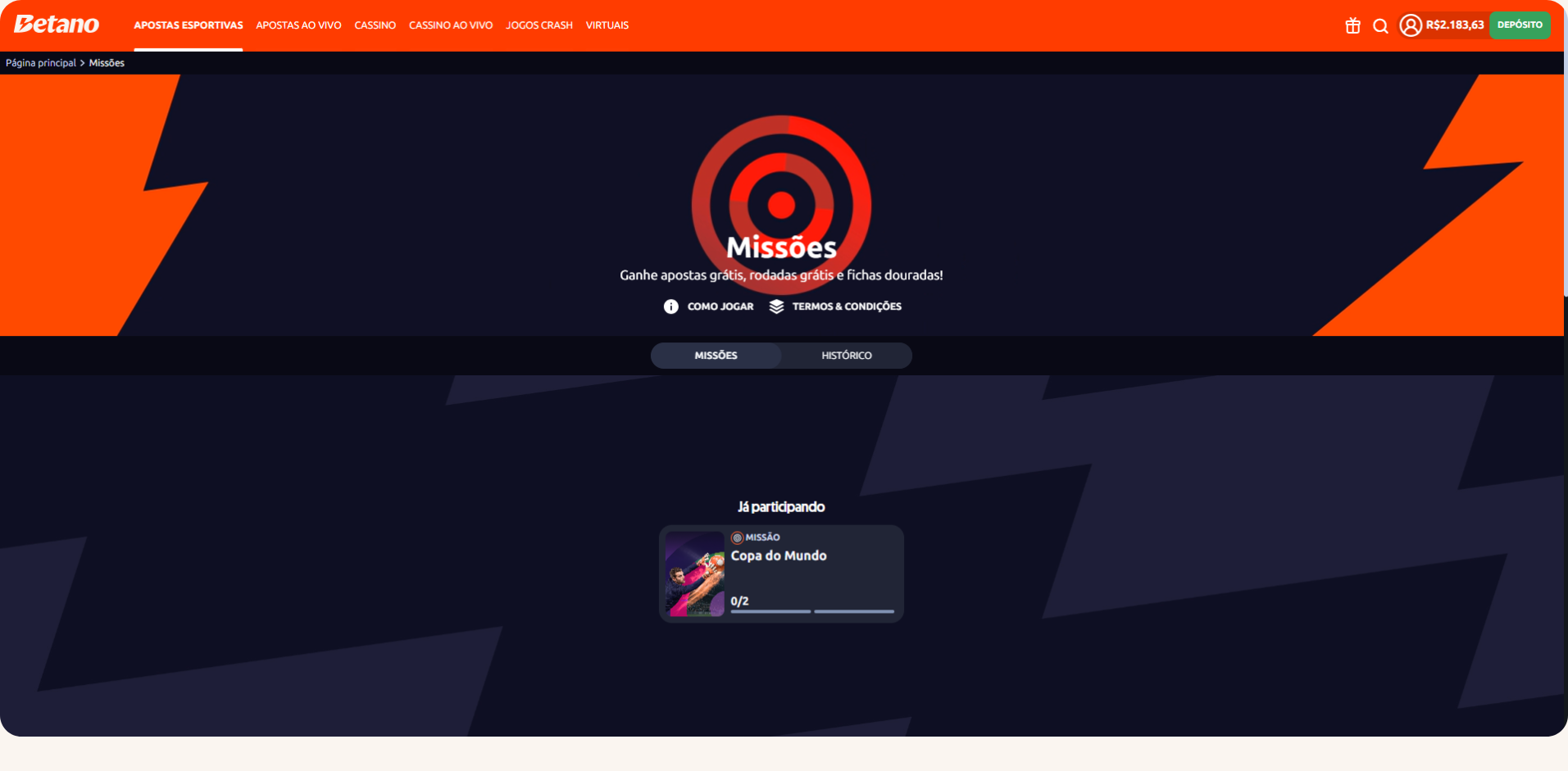 Promoção Missões Betano com desafio na Copa do Mundo disponível.
