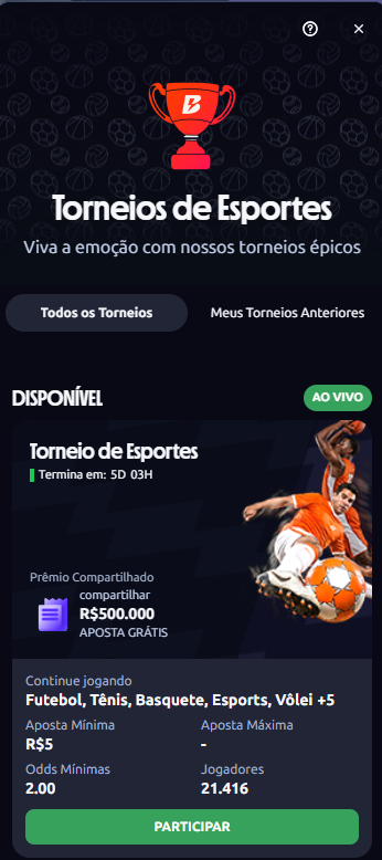 Promoção Torneio de Esportes da Betano com 500 mil em apostas grátis para os 500 melhores do ranking.