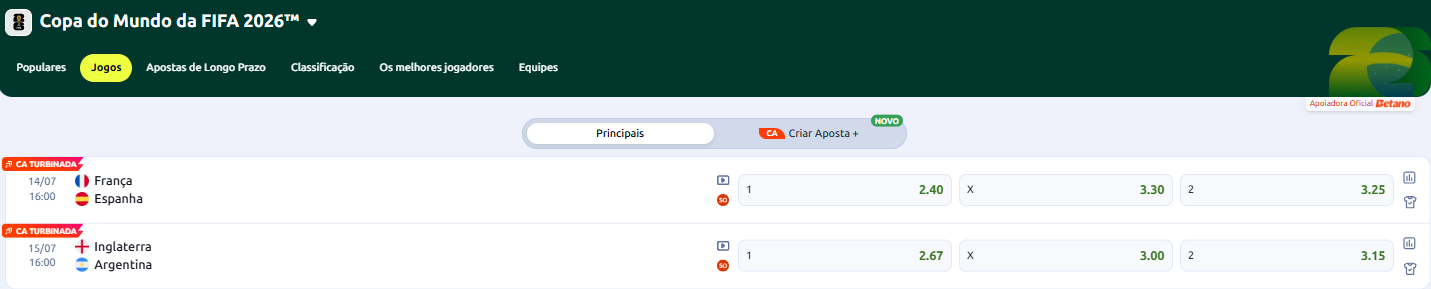 Site Betano exibindo apostas copa do mundo com odds 1x2 para França x Espanha e Inglaterra x Argentina.