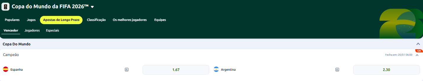 Mercado de vencedor da Copa do Mundo 2026 na Betano com odds de Espanha e Argentina como campeãs.