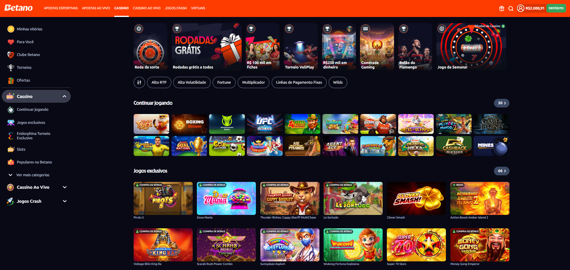 Página inicial do cassino online da Betano com jogos em destaque e categorias de navegação