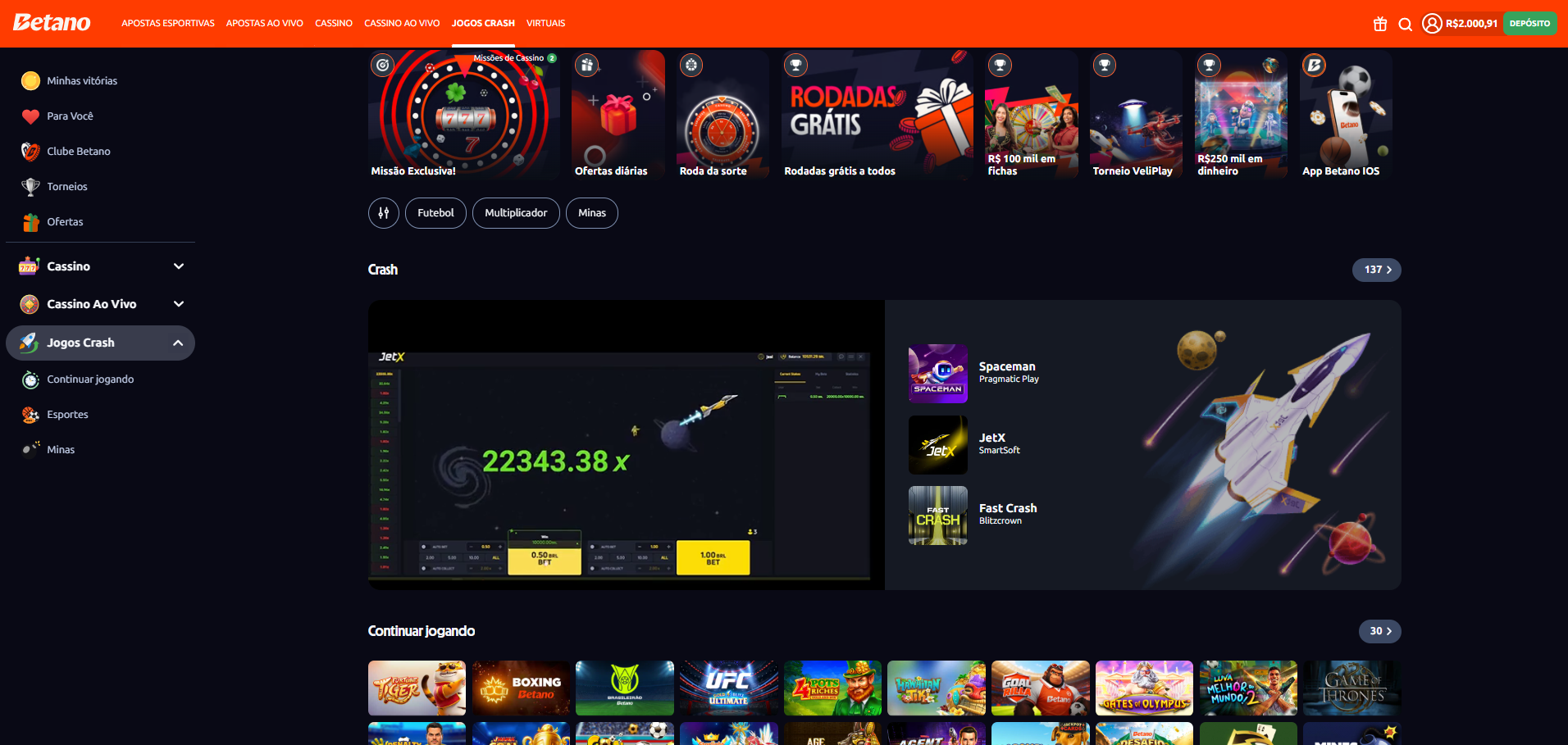 Categoria de crash games da Betano com Aviator, Spaceman e Acelera Betano