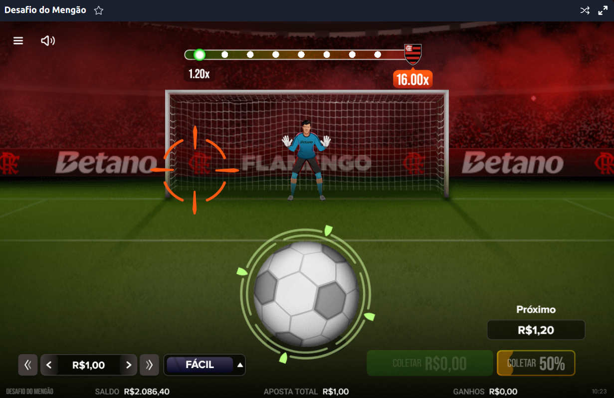 Interface do jogo Desafio do Mengão mostrando a mira no gol e a progressão de multiplicadores até 16.00x.