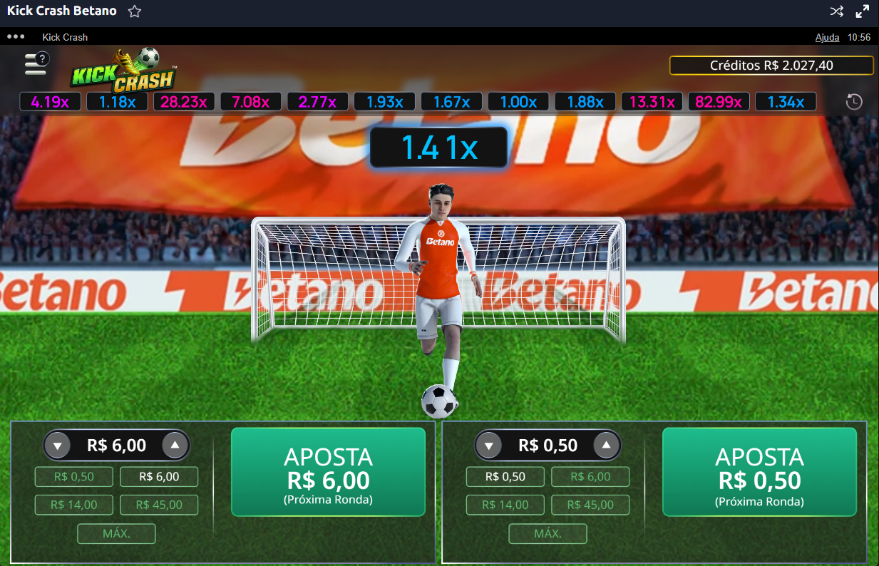 Interface do jogo Kick Crash Betano com jogador prestes a chutar a bola e multiplicador atual de 1.41x.