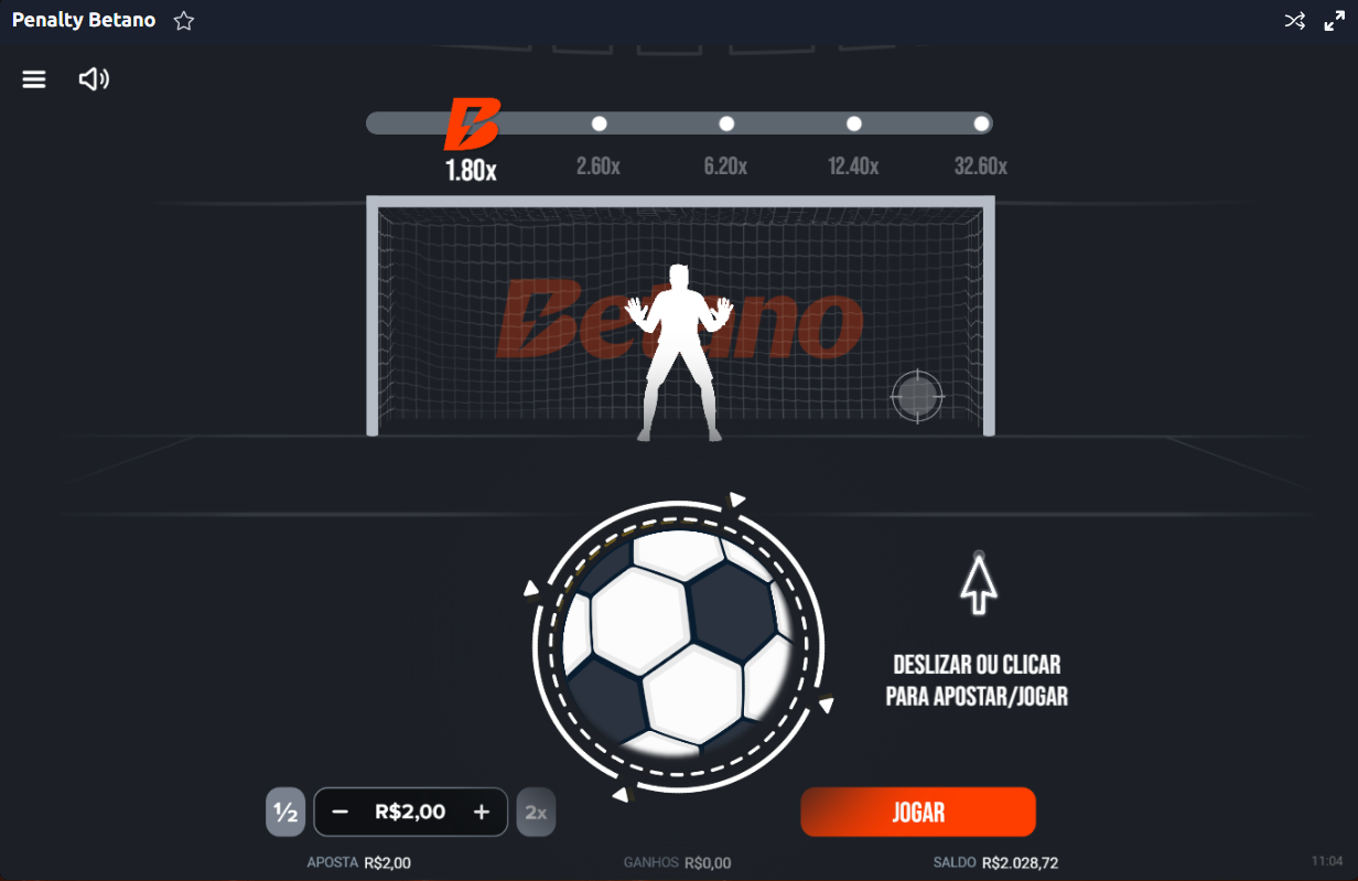 Interface do jogo Penalty Betano com goleiro na trave e progressão de multiplicadores até 32.60x.