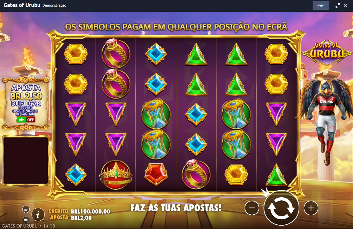 Tela principal do slot Gates of Urubu com o urubu mascote do Flamengo e prêmio de até 5.000x