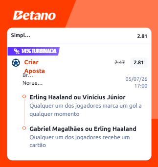 Bilhete da Betano com Aposta Turbinada para Brasil x Noruega, focando em gols de Vini Jr ou Haaland e cartões.