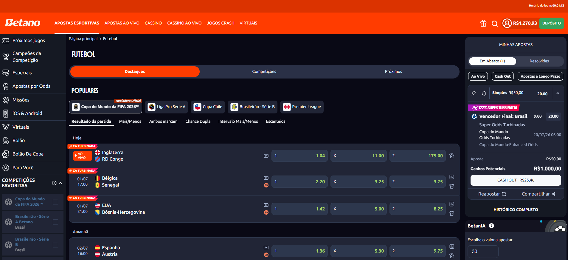 Página de palpites de futebol na Betano com jogos e odds.