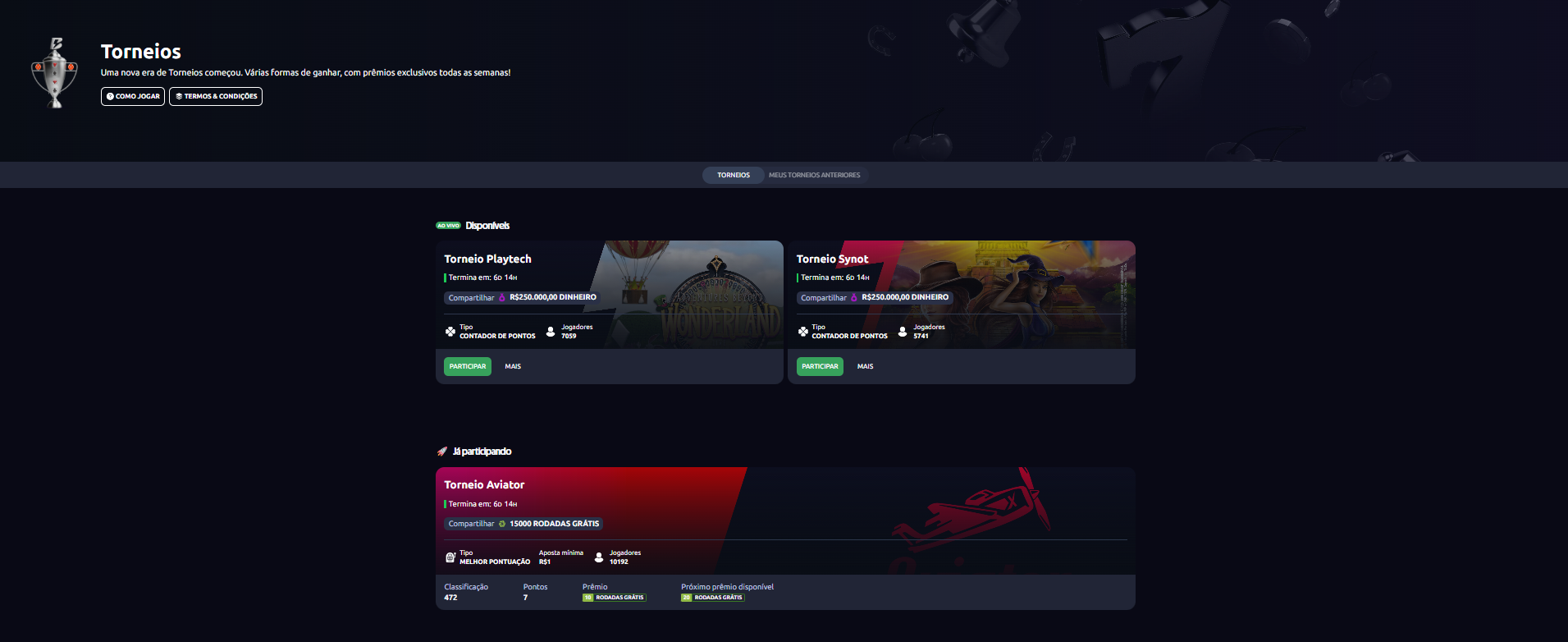Página de torneios de cassino Betano com Playtech, Synot e Aviator disponíveis