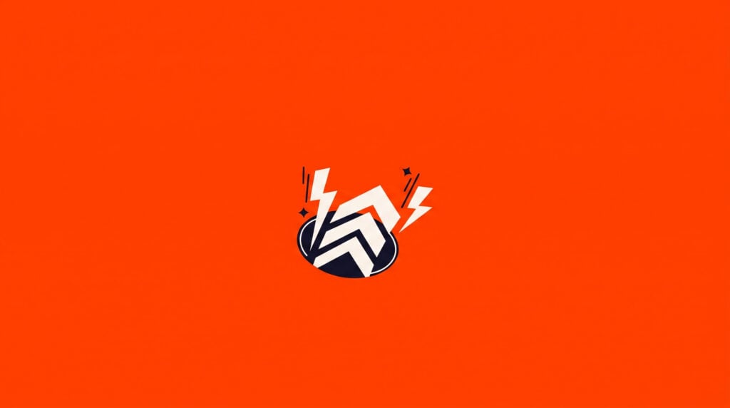Ilustração minimalista com logo escuro e raios brancos sobre fundo laranja vibrante.