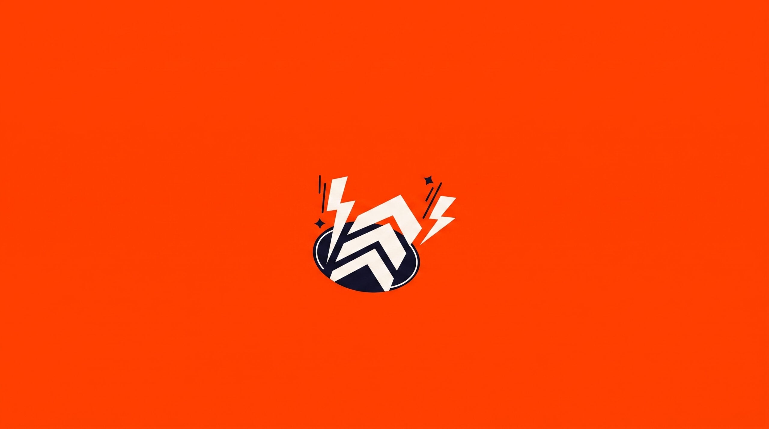 Ilustração minimalista com logo escuro e raios brancos sobre fundo laranja vibrante.